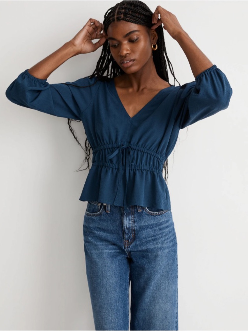 NWOT Madewell Seersucker V-Neck Peplum Renaissance Craftsman Blue Size Small